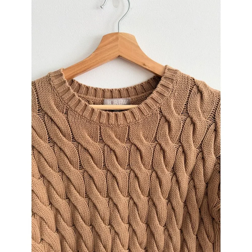 J.Crew Re-Imagined Cable Knit Sweater S-M Camel Brown Side Slit Cotton Blend